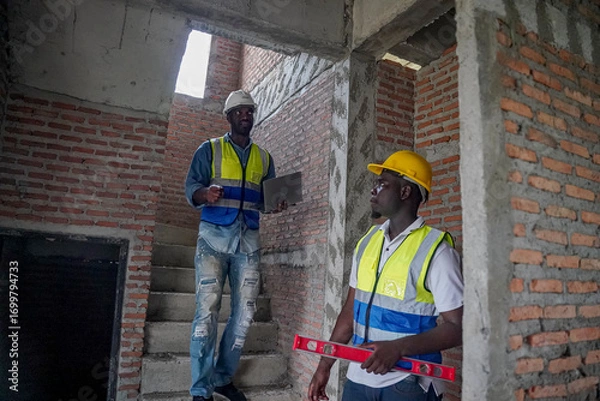 Fototapeta Construction workers collaborating on site during the day in a building under renovation