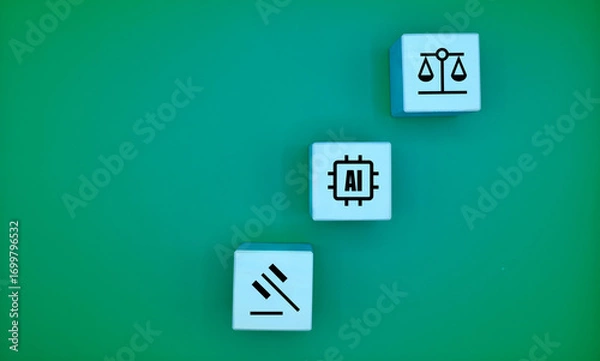Fototapeta Wooden blocks with icons of AI, law, and justice scale. Regulatory gaps in artificial intelligence technology