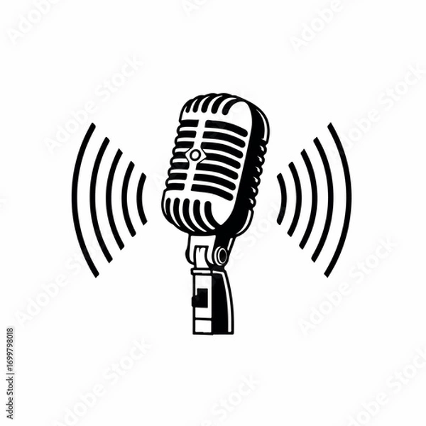 Obraz Retro microphone with sound waves vector, great for podcast cover, music poster, radio show, concert flyer and broadcasting template.