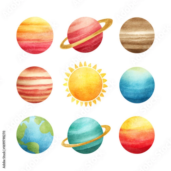 Fototapeta A colorful illustration of the solar system's planets and sun setting.