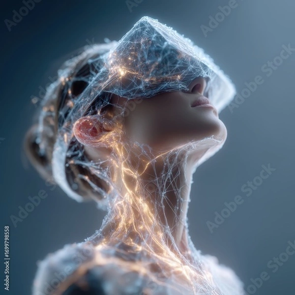 Fototapeta Exploring virtual reality for pain relief with glowing neural interface and tranquil holographic visuals