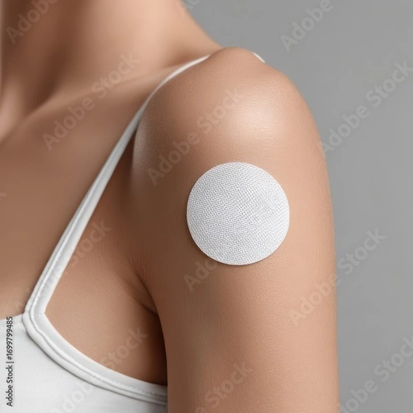 Fototapeta Close-up view of a smart health monitoring patch on clean skin showcasing a sleek design and digital display in soft lighting