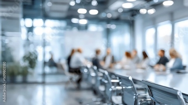 Fototapeta A diverse group of professionals engaged in a meeting within a modern, bright conference room.