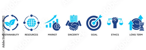 Fototapeta Corporate social responsibility icon set in Blue style Flat vector illustration concept relate to  sustainability, resources, market, sincerity, goal, ethics and long term