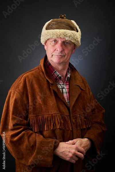 Fototapeta Portrait of a serene aged cowboy trapper in studio