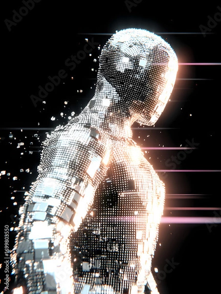 Fototapeta Abstract metallic figure disintegrating, artificial intelligence concept