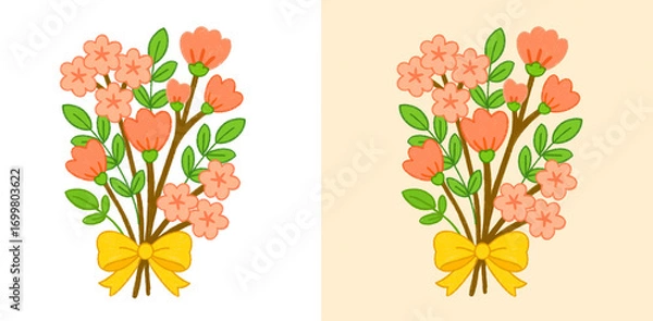 Fototapeta Beautiful sakura flower bouquet created digital colored pencils. Soft pastel pink blossoms with green leaves and yellow ribbon, perfect for spring and Japanese-inspired designs.