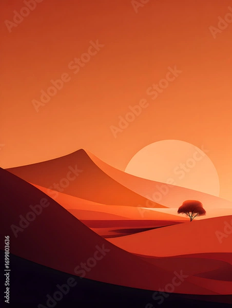 Fototapeta Minimalist desert landscape with tree and setting sun