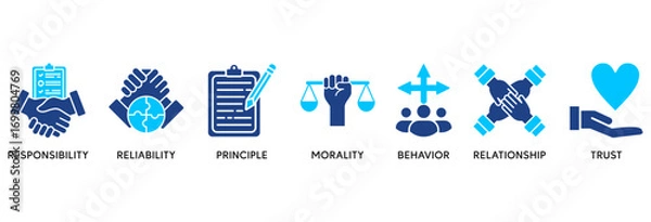 Fototapeta Business ethics icon set in Blue style Flat vector illustration concept relate to  web and print with an icon of responsibility, reliability, principle, morality, behavior, relationship, and trust