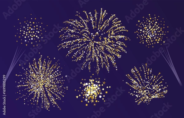Fototapeta Set of golden fireworks. Collection of clip art with 3D effects