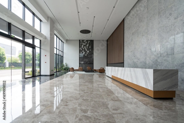 Fototapeta Modern, bright lobby with marble, a large desk and big windows