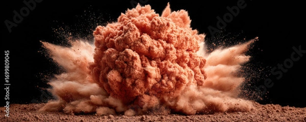 Fototapeta Isolated cocoa powder explosion on black background, showcasing dynamic burst of fine particles, creating artistic and dramatic effect