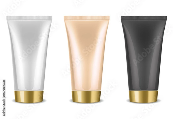Fototapeta Mock up cosmetic tube template for cream, gel, liquid, shampoo, foam. White, nude and black colors, golden lid on a white background. Beauty product package, vector illustration.