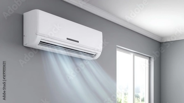 Fototapeta A white wall-mounted air conditioner unit actively blows cool air into a modern gray room, with a bright window on the right.