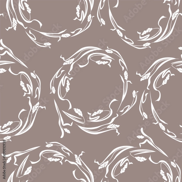 Fototapeta Decorative seamless pattern of white ears of wheat folded into circles on a gray background