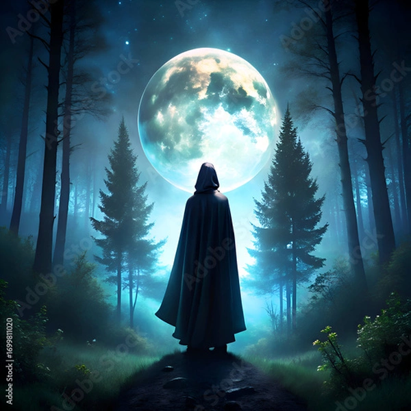 Fototapeta A hooded figure in a dark cloak stands contemplatively in a mystical. foggy forest at night under a large full moon. A solitary figure in a medieval style cloak gazes out at the night forest scene.
