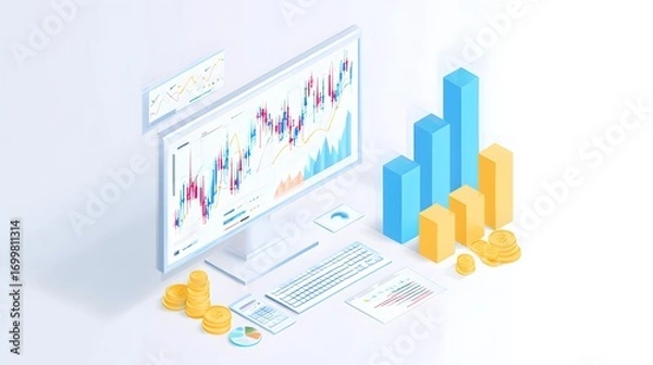 Fototapeta An isometric illustration of a financial analysis setup featuring a computer monitor displaying stock market graphs, bar charts, and various financial documents, with gold coins and a keyboard nearby
