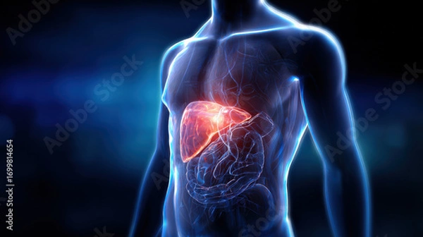 Fototapeta transparent torso diagram showing liver glowing other organs muted focus highlight scientific accuracy illustration concept scene visual for commercial design use high detail quality stock image