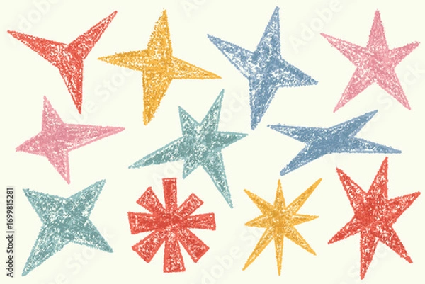 Obraz Hand-drawn stars set with chalk and pastel pencil texture. Doodle grunge cute stickers for collage. Kids color drawing of bling and twinkles. Retro sparkles