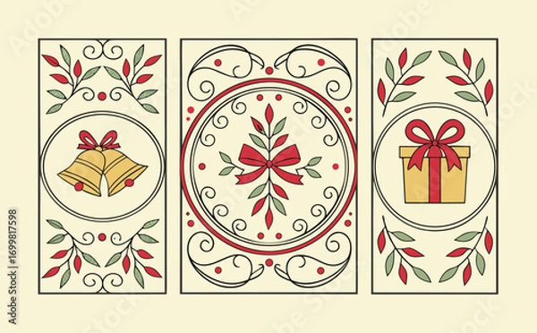 Obraz Elegant Christmas artwork with multiple frames combining bells, wreaths, gift boxes, and trees decorated with red bows in a delicate festive doodle style