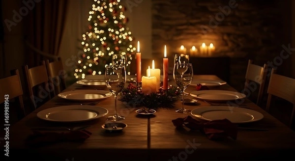 Obraz Christmas dinner table with candles