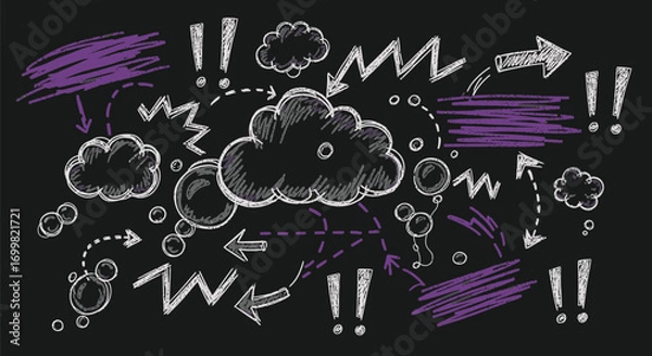 Obraz Chalkboard style doodle design with clouds, arrows, and exclamation marks.
