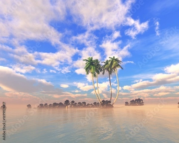 Obraz Oasis at sunset in a sandy desert, a panorama of the desert with palm trees,
3d rendering