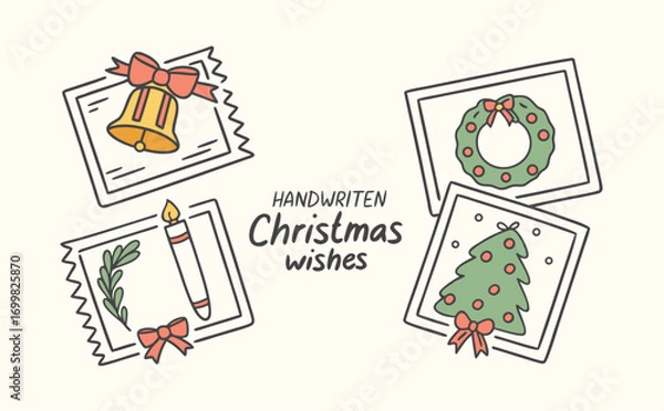 Obraz A charming holiday illustration featuring multiple outlined frames with bells, candles, wreaths, and decorated trees tied together with handwritten Christmas wishes