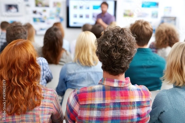 Fototapeta Audience watching a presentation in a professional setting from behind