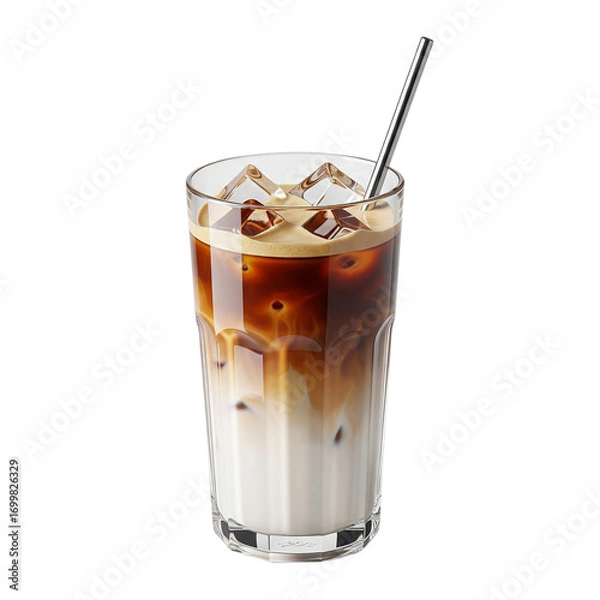 Fototapeta Refreshing iced coffee with cream and ice in a tall glass
