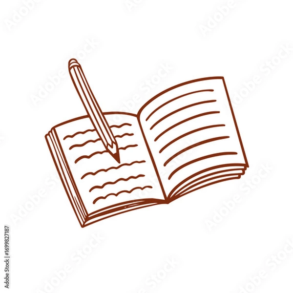 Fototapeta Hand drawn book or notebook and pencil line art style icon