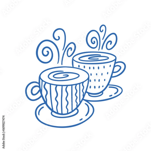 Fototapeta Two cups with hot drinks line art style vector illustration