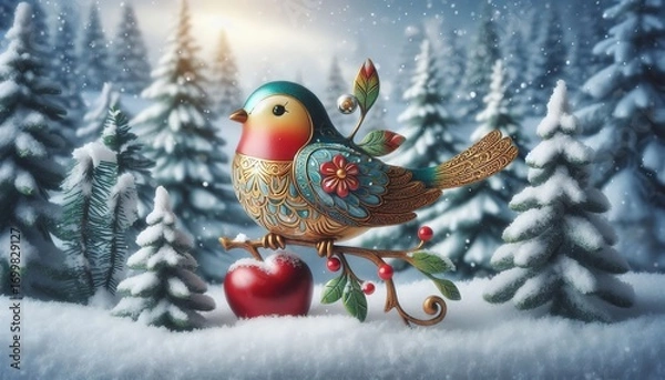 Fototapeta Decorative bird with bright patterns sitting on a branch with red heart and berries among snowy fir trees in a winter forest