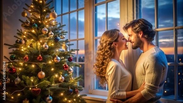 Fototapeta Loving couple standing by decorated Christmas tree in evening light, embracing and looking into each other’s eyes, creating an atmosphere of romance and warmth