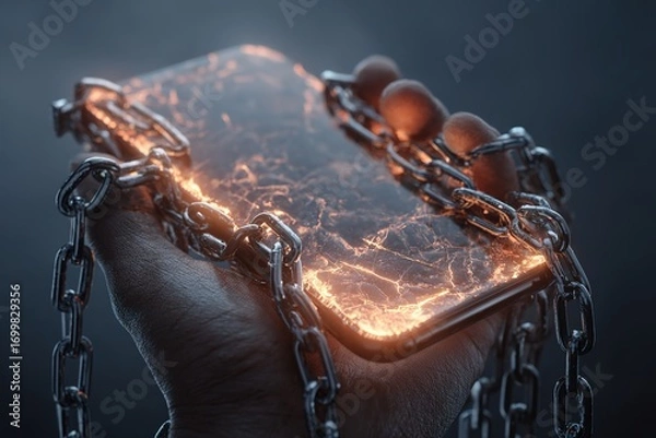 Fototapeta Hand wrapped in chains holding a glowing smartphone symbolizing technology addiction, digital enslavement and restriction of freedom in the modern world