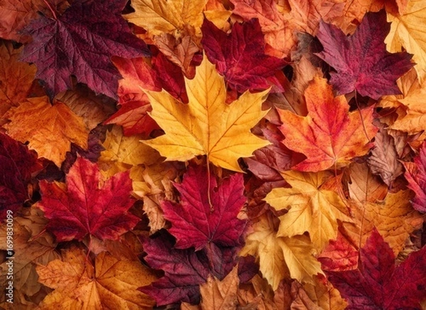 Fototapeta autumn background with red and orange maple leaves top view