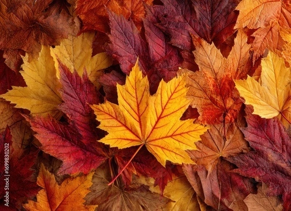 Fototapeta autumn background with red and orange maple leaves top view