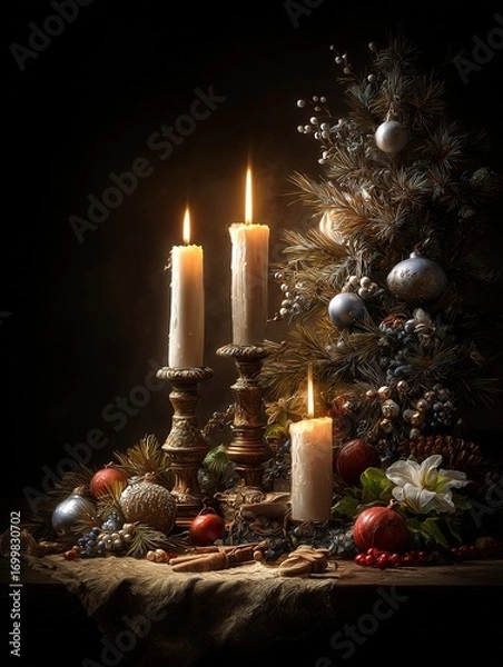 Fototapeta classic style still life with burning candles fruits berries and luxurious fabric on wooden table creating an atmosphere of warmth coziness and elegance