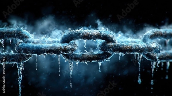 Fototapeta Metal chain covered with ice water drops and frost, symbolizing cold, harsh conditions, limitations, frozen movement, imprisonment or stagnation