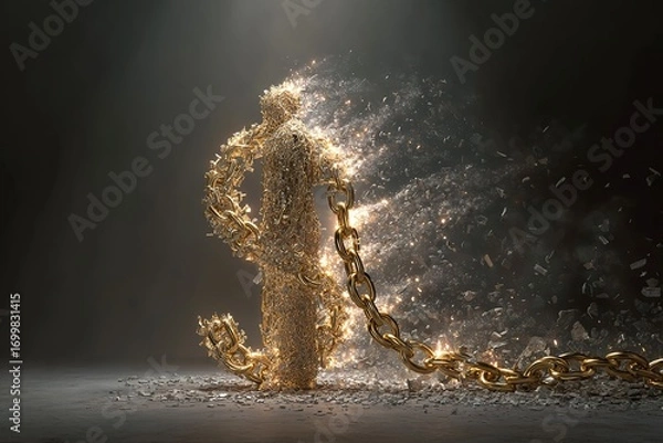 Fototapeta A crumbling sculpture in the shape of a dollar sign, with a chain holding it, symbolizing the destructive influence of wealth, greed, financial dependence, or the loss of self through materialism