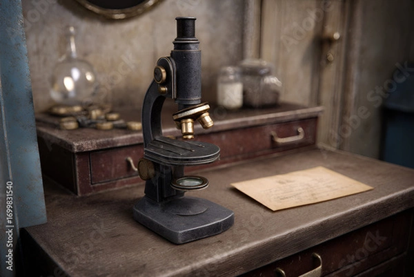 Fototapeta Vintage microscope on wooden desk with laboratory tools and old documents in a rustic setting
