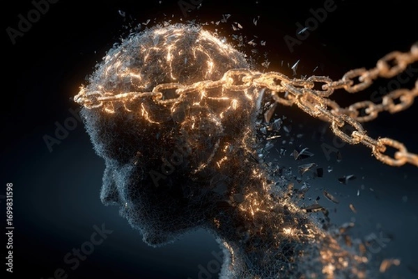 Fototapeta digital silhouette of a head made of glowing particles wrapped in breaking chains symbolizing breakthrough in thinking mental liberation and power of consciousness