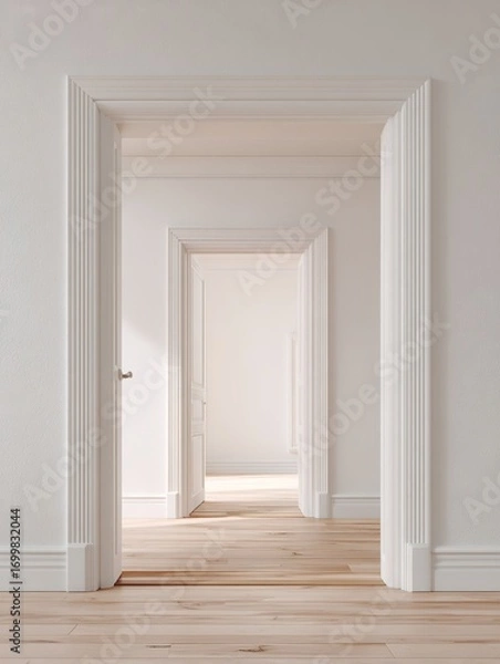 Fototapeta multiple open white doors forming perspective in bright interior with wooden floor