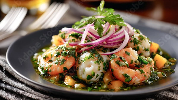 Fototapeta Ceviche de camarones con cebolla morada, hierbas frescas, limón y trozos de camote servido en plato oscuro
