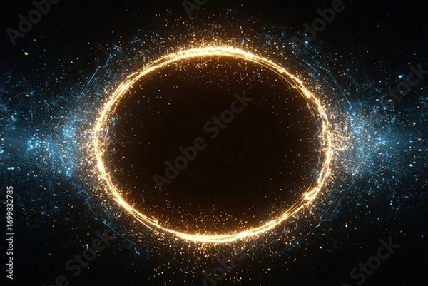 Fototapeta circular light burst with glow and sparks on dark background, golden energy ring with blue particles