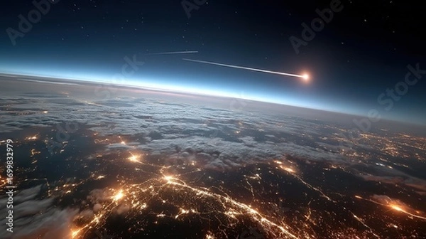 Fototapeta A passenger plane flies over the Earth at night with illuminated cities, against the background of a night sky with stars and a comet trail. This image symbolizes air travel, technology