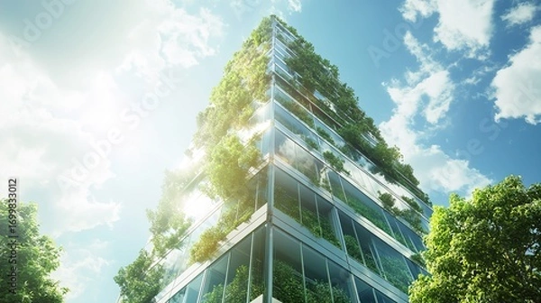 Fototapeta A futuristic skyscraper completely covered in green plants, symbolizing ecology, sustainable development, green technologies, life in harmony with nature and the future of cities