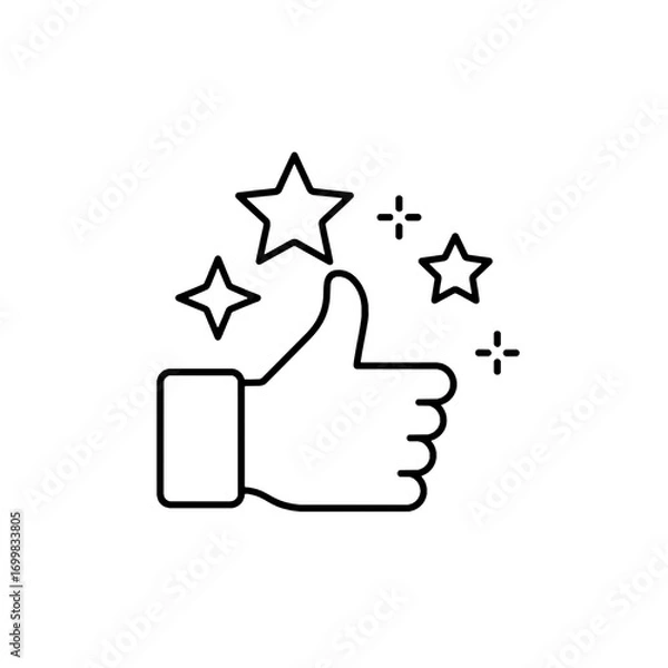 Fototapeta Modern line icon depicting a thumbs up gesture with sparkling stars, representing positive feedback, high rating, and excellent service