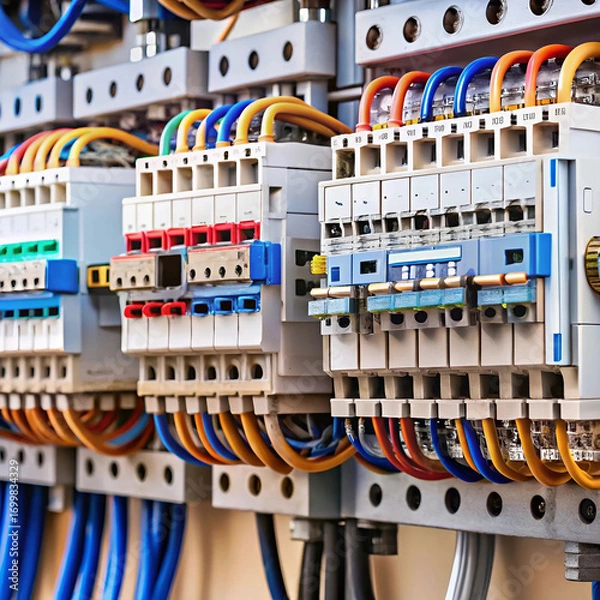 Obraz An open electrical panel featuring circuit breakers and wiring,