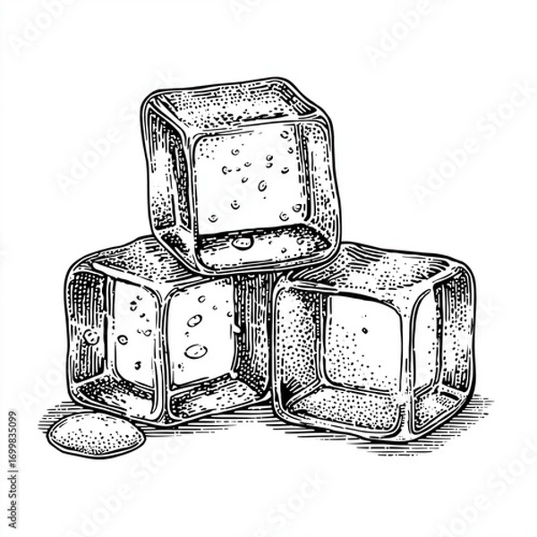 Fototapeta Vintage engraved ice cubes stacked with bubbles on white background  